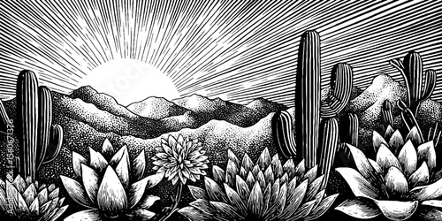 Desert landscape with cactus and blazing sun in hand drawn black and white sketch style