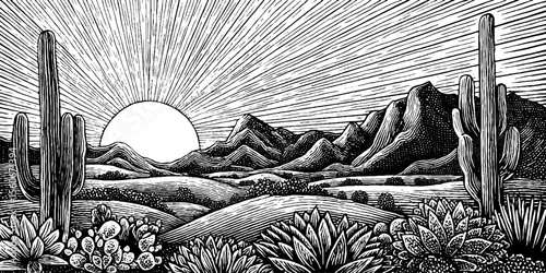 Vintage cactus field under blazing sun silhouette for desert landscape design