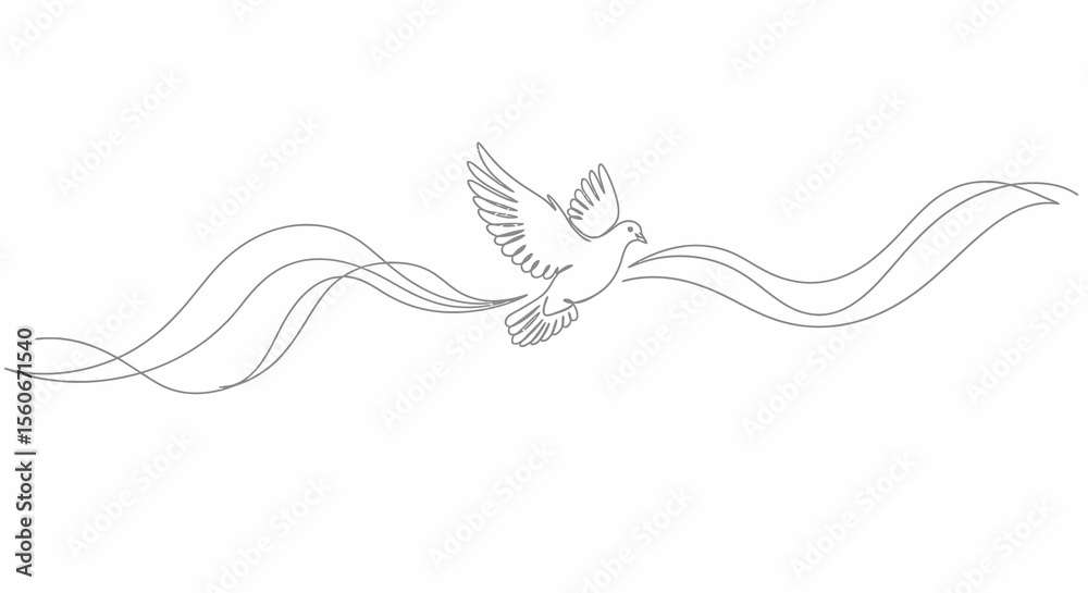 Fototapeta premium Minimalist Dove in Flight with Wavy Lines, Gray Outline on White Background