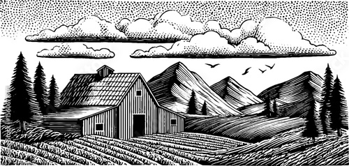 Rustic barnyard scene with chickens wandering under cloudy sky in black and white sketch for design