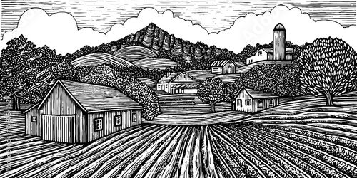 Rustic farming landscape with chicken coop and vegetable garden in black and white drawing