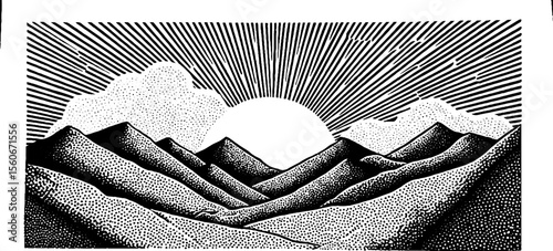 Black and white engraving of clouds drifting across full moon in mountainous landscape