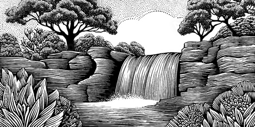 Black and white cliffside rainforest waterfall illustration for nature and landscape design