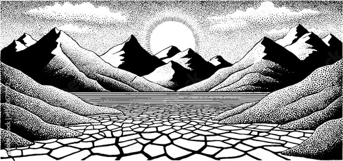 Arid landscape with cracked earth and mountains under sunburst sky