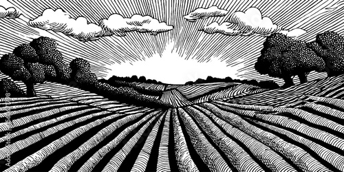 Vintage landscape with crops and trees stretching toward horizon in black and white sketch