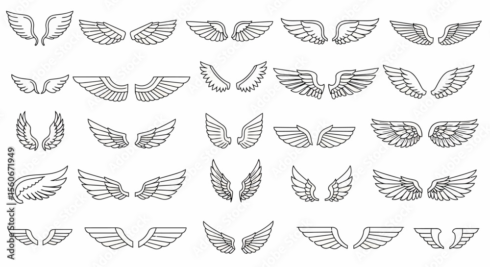 Fototapeta premium Collection of Detailed Outline Angel Wings in Various Styles