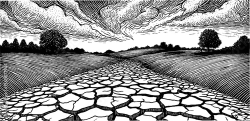 Dust storm over cracked earth in black and white silhouette landscape design
