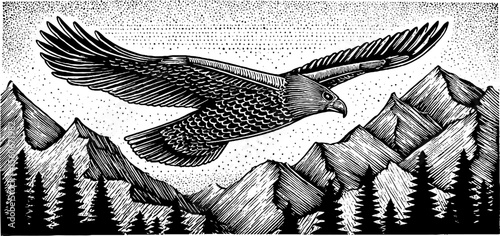 Majestic eagle soaring over mountain landscape in black and white