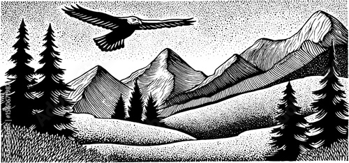 Majestic eagle soaring over mountainous pine landscape black and white retro design