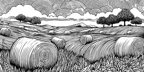 Vintage sketch of farmland with scattered hay bales in black and white for print design
