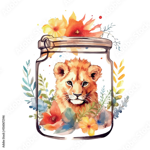 Cute kitten with a gift box and fish, a funny animal cartoon illustration for pet lovers