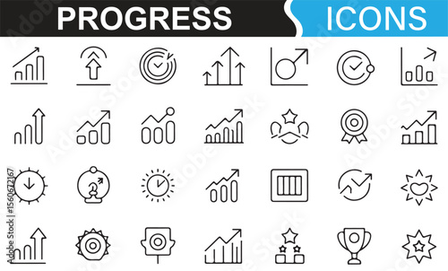Set of icons illustrating various stages of progress, from goal setting to achievement.