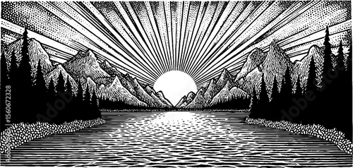Frozen river under moonlight with mountain silhouettes and tall pine trees - ideal for nature and winter themes