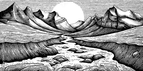 Frozen stream through rocky tundra silhouette for nature art design
