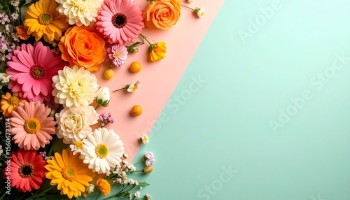  A flat surface with a soft tosca gradient color, in one corner a small cluster of vibrant multicolored flowers and tiny colorful fruits 