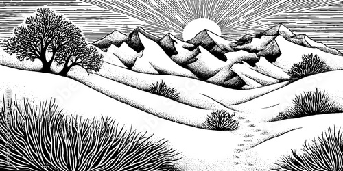 Black and white engraving of frozen tundra with animal tracks and mountains at sunset