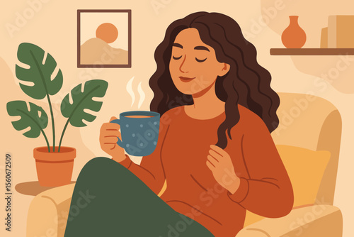 Woman enjoying quiet moment at home, relaxing in cozy armchair with a cup of hot tea or coffee. Hygge lifestyle, self-care, mindfulness and peaceful morning routine concept.
