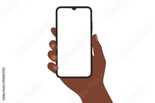 Hand of a black woman holding a modern smartphone. Blank empty screen for mockup. Cellphone template for mobile application or website design. Isolated flat vector cartoon.