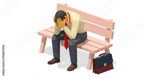 Depressed businessman in low-poly style sitting on a pink wooden bench, head in hands, wearing a red tie and dark grey suit, briefcase beside him.