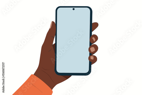Black woman hand holding modern smartphone. African American person with mobile phone. Blank screen for mockup, app presentation. Tech concept. Vector cartoon illustration isolated.