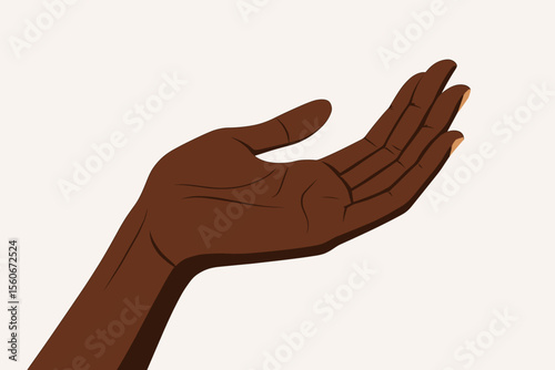 African American female hand in open palm gesture. Symbol for giving, receiving, help, support, charity, and donation. Black woman's arm reaching out. Flat vector cartoon illustration.