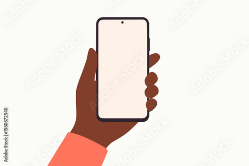 Black woman hand holding modern smartphone with blank screen. African American person showing mobile phone mockup. Concept for app presentation or social media. Flat vector illustration.