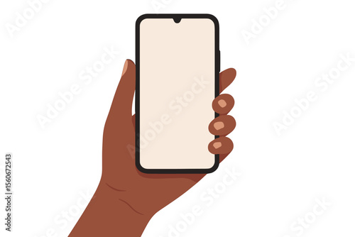 Black woman hand holding a smartphone with a blank screen. African American female person using a mobile phone. Mockup display for app or website. Modern flat vector illustration.