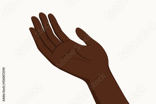 Black female hand with open palm facing up. Concept for asking, receiving, charity, donation, or help. African American woman's arm gesture of support, care, and prayer. Flat vector.