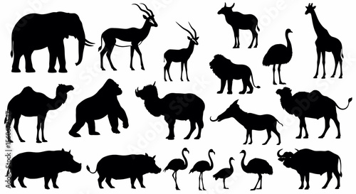 Diverse African Wildlife Silhouettes: Elephant, Antelope, Lion, Giraffe, and More