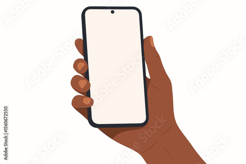 African American woman hand holding modern smartphone with empty screen. Mobile phone mockup template. Isolated vector illustration for app UI design or social media concept.