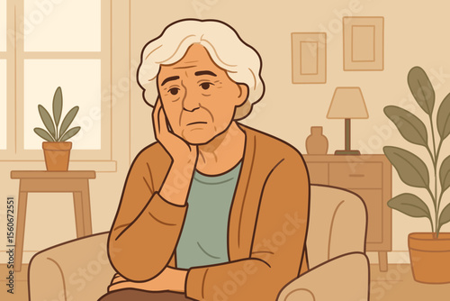 Sad lonely senior woman feeling depressed and isolated at home. Elderly grandmother sitting alone in a chair. Concept of mental health, solitude, aging, grief, and retirement.