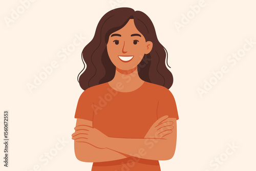 Happy young woman with crossed arms smiling. Confident female character portrait. Self-assured successful business person or student. Modern flat vector cartoon illustration.