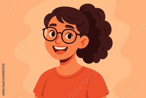 Cheerful young woman with eyeglasses smiling and looking at camera. Modern flat vector cartoon illustration of a happy female student character. Portrait or avatar for profile.