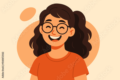 Cheerful young woman with eyeglasses smiling. Happy beautiful girl portrait. Modern flat vector cartoon character illustration. Positive emotion, joy, and happiness concept for avatar.