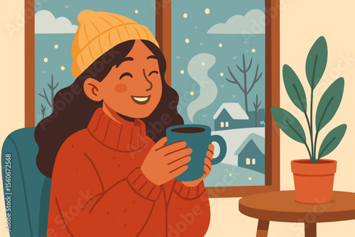 Cheerful woman enjoying a hot drink in a cozy sweater. Winter scene with snow outside the window. Concept of hygge, comfort, relaxation, and warmth. Modern flat vector illustration.