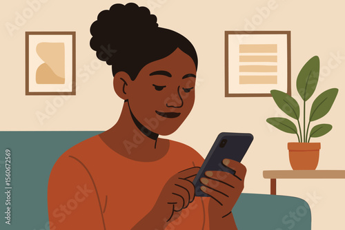Happy African American woman using smartphone, relaxing on couch at home. Young black girl smiling, texting, browsing internet or social media on mobile phone. Digital communication. Vector