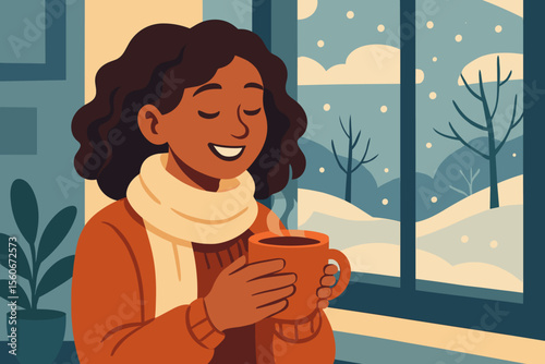 Cheerful black woman enjoying hot coffee by the window on a snowy winter day. Cozy home lifestyle. Hygge concept of relaxation and comfort with a warm drink. Flat vector cartoon art.