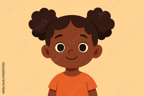 Happy Black girl with afro puffs hairstyle. Cute little African American child smiling. Vector cartoon portrait illustration. Modern flat design character for diversity and childhood.