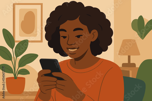 Happy young Black woman using a mobile phone at home. Girl relaxing in a cozy room, chatting or scrolling online. Modern flat vector concept for communication and technology.