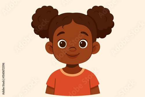 Portrait of a cute little African American girl. Happy smiling black child with puff bun hairstyle. Adorable kid character face avatar. Modern flat vector cartoon illustration.