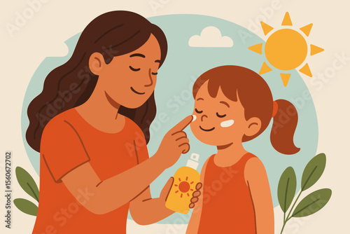 Caring mother applying sunscreen on daughter's face. Summer sun protection concept. Mom putting sunblock lotion on child's cheek for sun safety. Family skincare vector illustration.