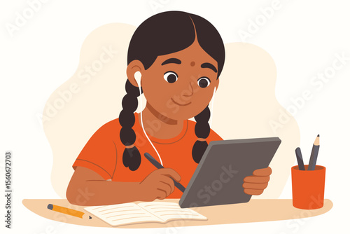 Young Indian student girl using a digital tablet for e-learning and online classes. Concept for remote education, homeschooling, technology. Cute kid doing homework with stylus. Vector.