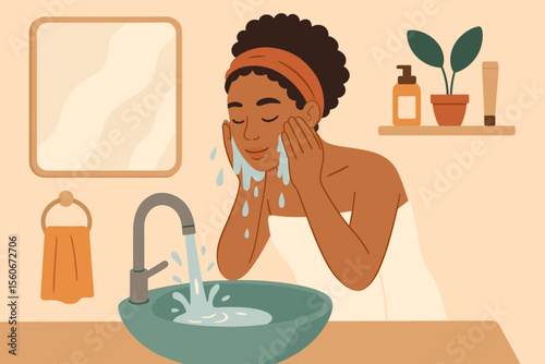 African American woman washing face in bathroom. Morning skincare routine concept. Young black girl cleansing skin. Daily hygiene, beauty treatment, and self care ritual. Vector cartoon.