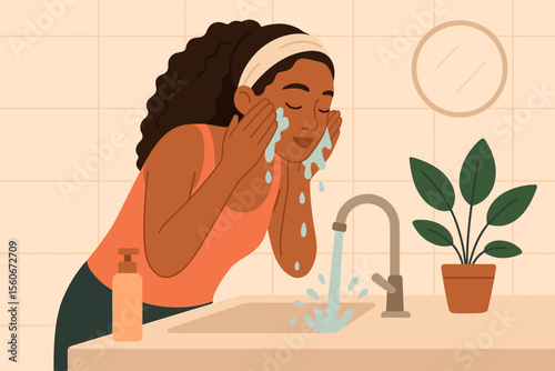 Young black woman washing face in bathroom sink. Morning skincare routine concept. Girl cleaning skin with water. Self-care, beauty, and hygiene lifestyle flat vector illustration.
