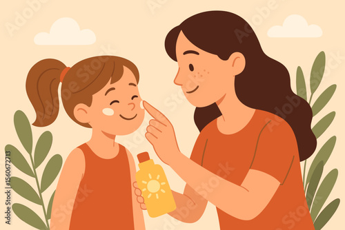 Caring mother applying sunscreen to her daughter's face. Family summer skincare routine concept. Mom putting sunblock lotion on child's cheek for UV protection. Flat vector illustration.