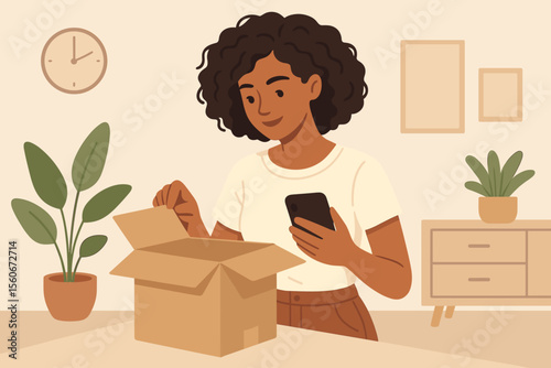 Happy African American woman unboxing delivery package at home. Young customer receiving online shopping order and checking smartphone. E-commerce satisfaction concept vector illustration.