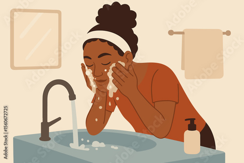 African American woman washing face with soap foam. Morning skincare routine in bathroom. Daily beauty, hygiene, and self care concept. Modern flat vector cartoon illustration.