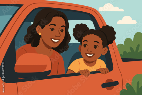 Happy Black mother and daughter on a family road trip. Cute African American child looking out the car window, enjoying the journey. Family travel and bonding concept. Vector cartoon.