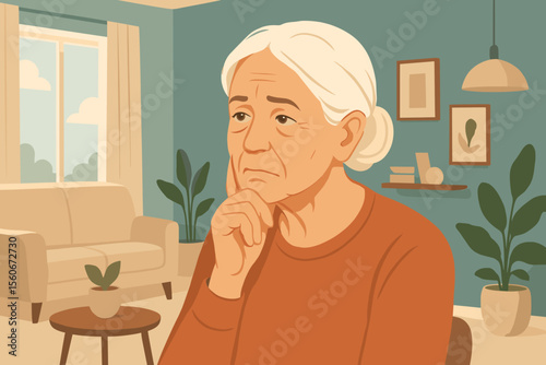 Sad pensive senior woman thinking alone at home. Lonely elderly lady feeling nostalgic. Concept of aging, solitude, memory loss, Alzheimer's, depression. Flat vector illustration.