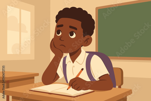 Pensive African American schoolboy struggling with a lesson. Bored black child thinking at a desk in a classroom. Concept of learning disability, ADHD, stress, and education. Flat vector cartoon.